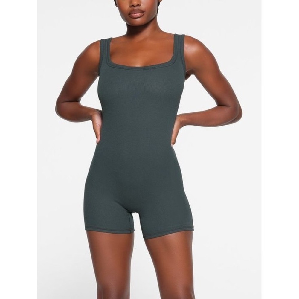 Skims Ribbed Mid Thigh Bodysuit Square Neck Romper Slate Blue Grey Medium